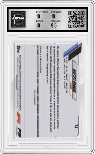 Matteo Nannini from the 2021 Topps Chrome F1  set graded by Arena Club and given an overall grade of 10.