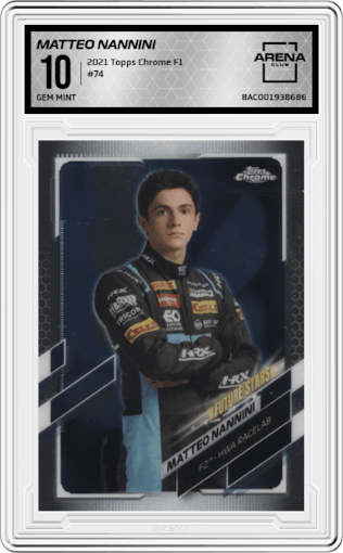 Matteo Nannini from the 2021 Topps Chrome F1  set graded by Arena Club and given an overall grade of 10.