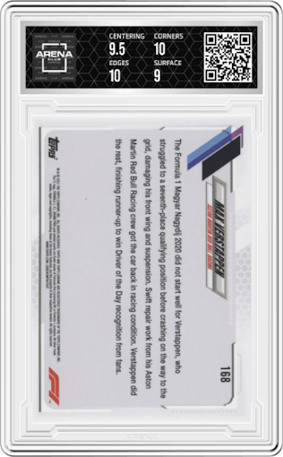 Max Verstappen from the 2021 Topps Chrome F1  set graded by Arena Club and given an overall grade of 9.5.