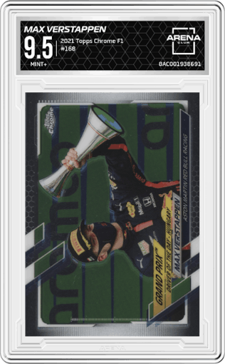 Max Verstappen from the 2021 Topps Chrome F1  set graded by Arena Club and given an overall grade of 9.5.