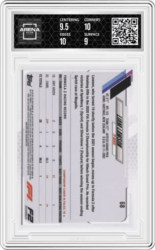 Liam Lawson from the 2021 Topps Chrome F1  set graded by Arena Club and given an overall grade of 9.5.