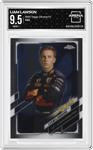 Liam Lawson from the 2021 Topps Chrome F1  set graded by Arena Club and given an overall grade of 9.5.