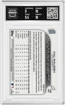 Cal Raleigh from the 2022 Topps Chrome set graded by Arena Club and given an overall grade of 9.5.