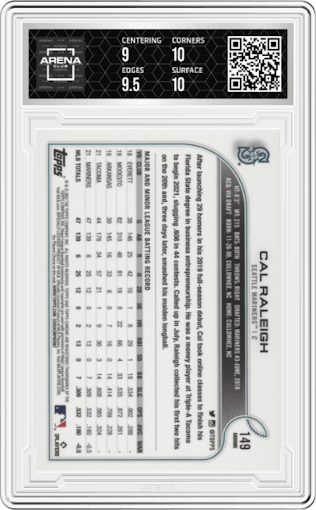 Cal Raleigh from the 2022 Topps Chrome set graded by Arena Club and given an overall grade of 9.5.
