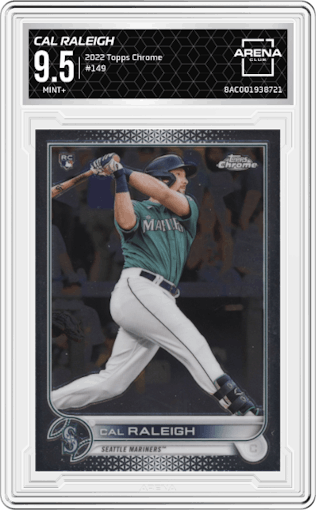 Cal Raleigh from the 2022 Topps Chrome set graded by Arena Club and given an overall grade of 9.5.
