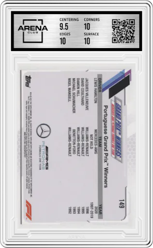 Lewis Hamilton from the 2021 Topps Chrome F1  set graded by Arena Club and given an overall grade of 10.