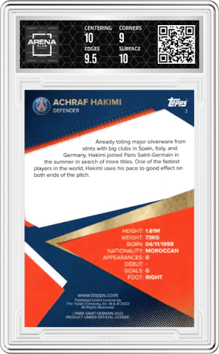 Achraf Hakimi from the 2021-22 Topps PSG Team Set set graded by Arena Club and given an overall grade of 9.5.