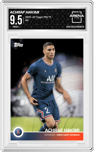 Achraf Hakimi from the 2021-22 Topps PSG Team Set set graded by Arena Club and given an overall grade of 9.5.