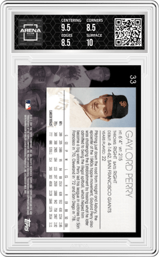 Gaylord Perry from the 2001 Topps American Pie set graded by Arena Club and given an overall grade of 9.