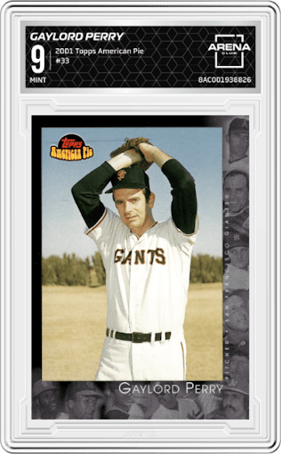 Gaylord Perry from the 2001 Topps American Pie set graded by Arena Club and given an overall grade of 9.