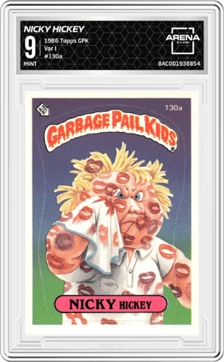 Nicky Hickey  from the 1986 Topps Garbage Pail Kids set featuring a Var I parallel graded by Arena Club and given an overall grade of 9.