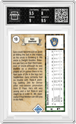 Gary Sheffield from the 1989 Upper Deck set graded by Arena Club and given an overall grade of 8.5.