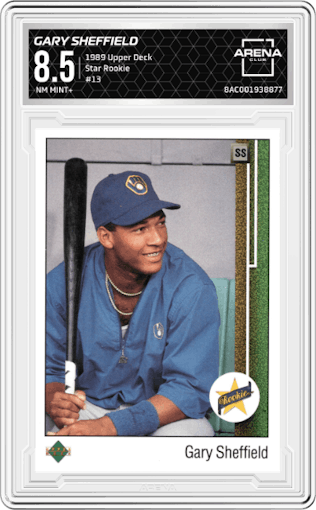 Gary Sheffield from the 1989 Upper Deck set graded by Arena Club and given an overall grade of 8.5.