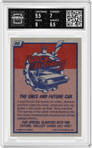 The Once and Future Car from the 1989 Topps Back to the Future Part II set graded by Arena Club and given an overall grade of 7.