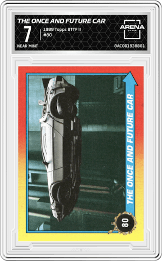 The Once and Future Car from the 1989 Topps Back to the Future Part II set graded by Arena Club and given an overall grade of 7.