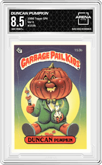Duncan Pumpkin from the 1986 Topps Garbage Pail Kids set featuring a Var II parallel graded by Arena Club and given an overall grade of 8.5.