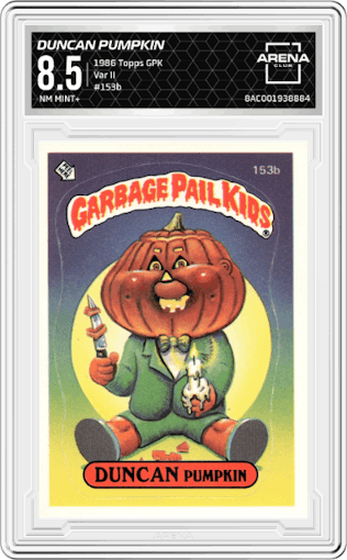 Duncan Pumpkin from the 1986 Topps Garbage Pail Kids set featuring a Var II parallel graded by Arena Club and given an overall grade of 8.5.
