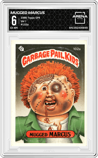Mugged Marcus from the 1986 Topps Garbage Pail Kids set featuring a Var I parallel graded by Arena Club and given an overall grade of 6.