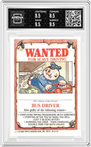 Crushed Shelly from the 1986 Topps Garbage Pail Kids set featuring a Var II parallel graded by Arena Club and given an overall grade of 9.