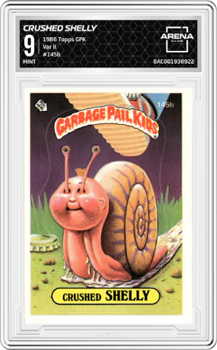 Crushed Shelly from the 1986 Topps Garbage Pail Kids set featuring a Var II parallel graded by Arena Club and given an overall grade of 9.