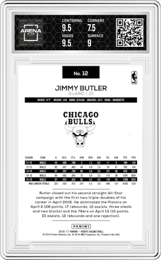Jimmy Butler from the 2016-17 Panini NBA Hoops set featuring a Teal Explosion parallel graded by Arena Club and given an overall grade of 8.