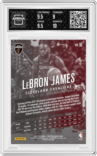 LeBron James from the 2017-18 Panini Prestige set graded by Arena Club and given an overall grade of 9.5.