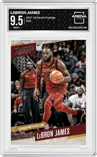 LeBron James from the 2017-18 Panini Prestige set graded by Arena Club and given an overall grade of 9.5.