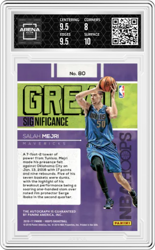 Salah Mejri from the 2016-17 Panini NBA Hoops set graded by Arena Club and given an overall grade of 8.5.