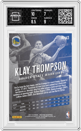 Klay Thompson from the 2017-18 Panini Prestige set graded by Arena Club and given an overall grade of 7.5.