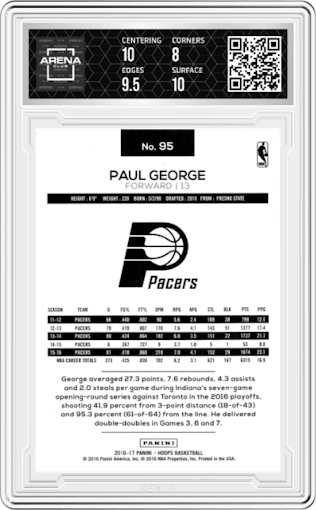 Paul George from the 2016-17 Panini NBA Hoops set graded by Arena Club and given an overall grade of 8.5.