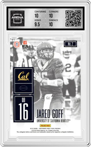 Jared Goff from the 2016 Panini Contenders Draft Picks set graded by Arena Club and given an overall grade of 10.