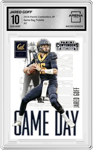 Jared Goff from the 2016 Panini Contenders Draft Picks set graded by Arena Club and given an overall grade of 10.