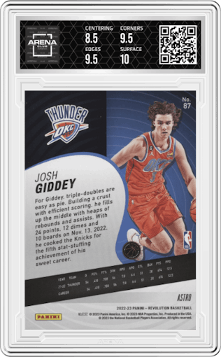 Josh Giddey from the 2022-23 Panini Revolution  set featuring a Astro parallel graded by Arena Club and given an overall grade of 9.