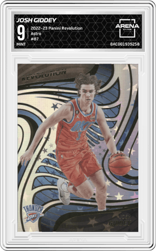 Josh Giddey from the 2022-23 Panini Revolution  set featuring a Astro parallel graded by Arena Club and given an overall grade of 9.