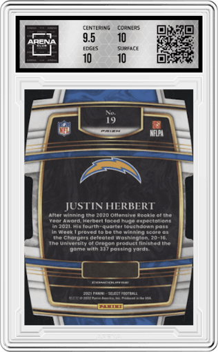Justin Herbert from the 2021 Panini Select set featuring a Die-Cut Red/Blue  parallel graded by Arena Club and given an overall grade of 10.