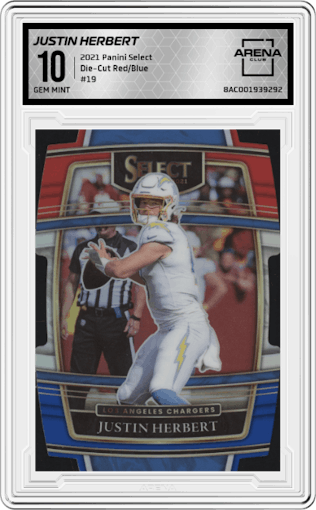 Justin Herbert from the 2021 Panini Select set featuring a Die-Cut Red/Blue  parallel graded by Arena Club and given an overall grade of 10.