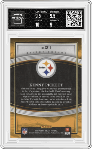 Kenny Pickett from the 2022 Panini Select set graded by Arena Club and given an overall grade of 9.5.