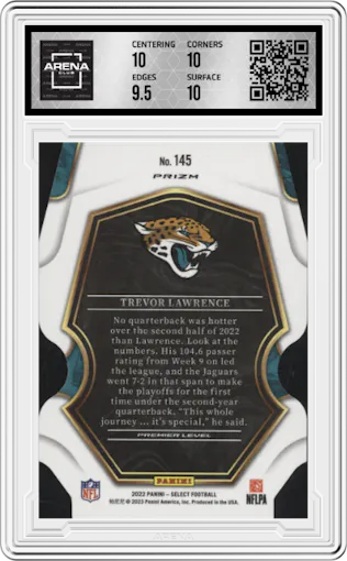 Trevor Lawrence from the 2022 Panini Select set featuring a Die-Cut Red/Blue parallel graded by Arena Club and given an overall grade of 10.