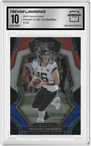 Trevor Lawrence from the 2022 Panini Select set featuring a Die-Cut Red/Blue parallel graded by Arena Club and given an overall grade of 10.