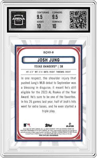 Josh Jung from the 2023 Bowman  set graded by Arena Club and given an overall grade of 10.