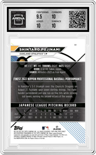 Shintaro Fujinami from the 2023 Topps Finest Baseball set featuring a Aqua Shimmer Refractor parallel graded by Arena Club and given an overall grade of 10.