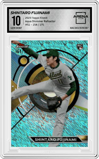 Shintaro Fujinami from the 2023 Topps Finest Baseball set featuring a Aqua Shimmer Refractor parallel graded by Arena Club and given an overall grade of 10.