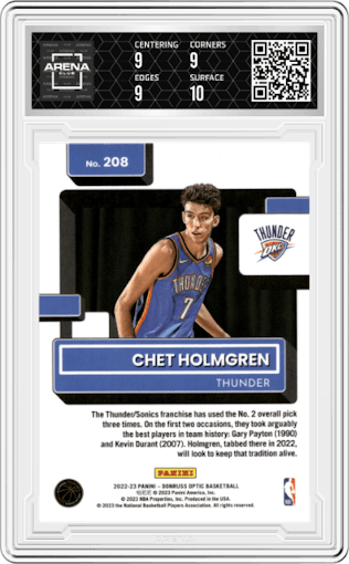 Chet Holmgren from the 2022-23 Panini Donruss Optic  set graded by Arena Club and given an overall grade of 9.5.
