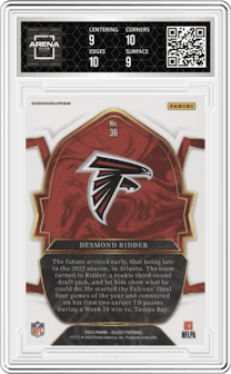 Desmond Ridder from the 2022 Panini Select set graded by Arena Club and given an overall grade of 9.5.