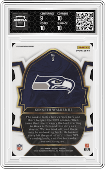 Kenneth Walker III from the 2022 Panini Select set featuring a Die-Cut Black/Green parallel graded by Arena Club and given an overall grade of 9.5.
