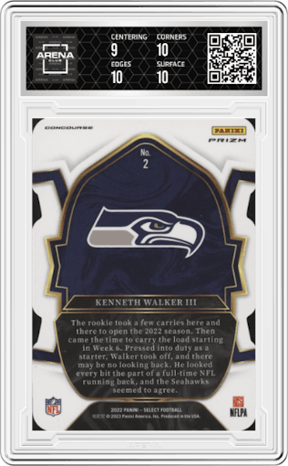 Kenneth Walker III from the 2022 Panini Select set featuring a Die-Cut Black/Green parallel graded by Arena Club and given an overall grade of 9.5.