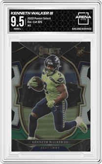 Kenneth Walker III from the 2022 Panini Select set featuring a Die-Cut Black/Green parallel graded by Arena Club and given an overall grade of 9.5.