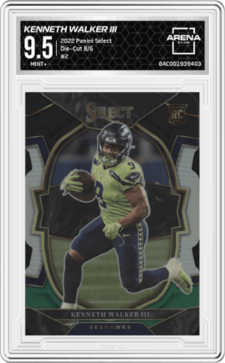 Kenneth Walker III from the 2022 Panini Select set featuring a Die-Cut Black/Green parallel graded by Arena Club and given an overall grade of 9.5.