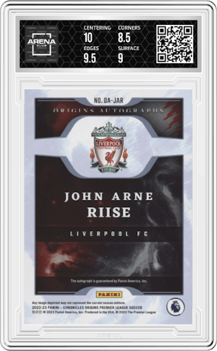 John Arne Riise from the 2022-23 Panini Chronicles set featuring a Silver parallel graded by Arena Club and given an overall grade of 9.