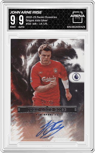 John Arne Riise from the 2022-23 Panini Chronicles set featuring a Silver parallel graded by Arena Club and given an overall grade of 9.